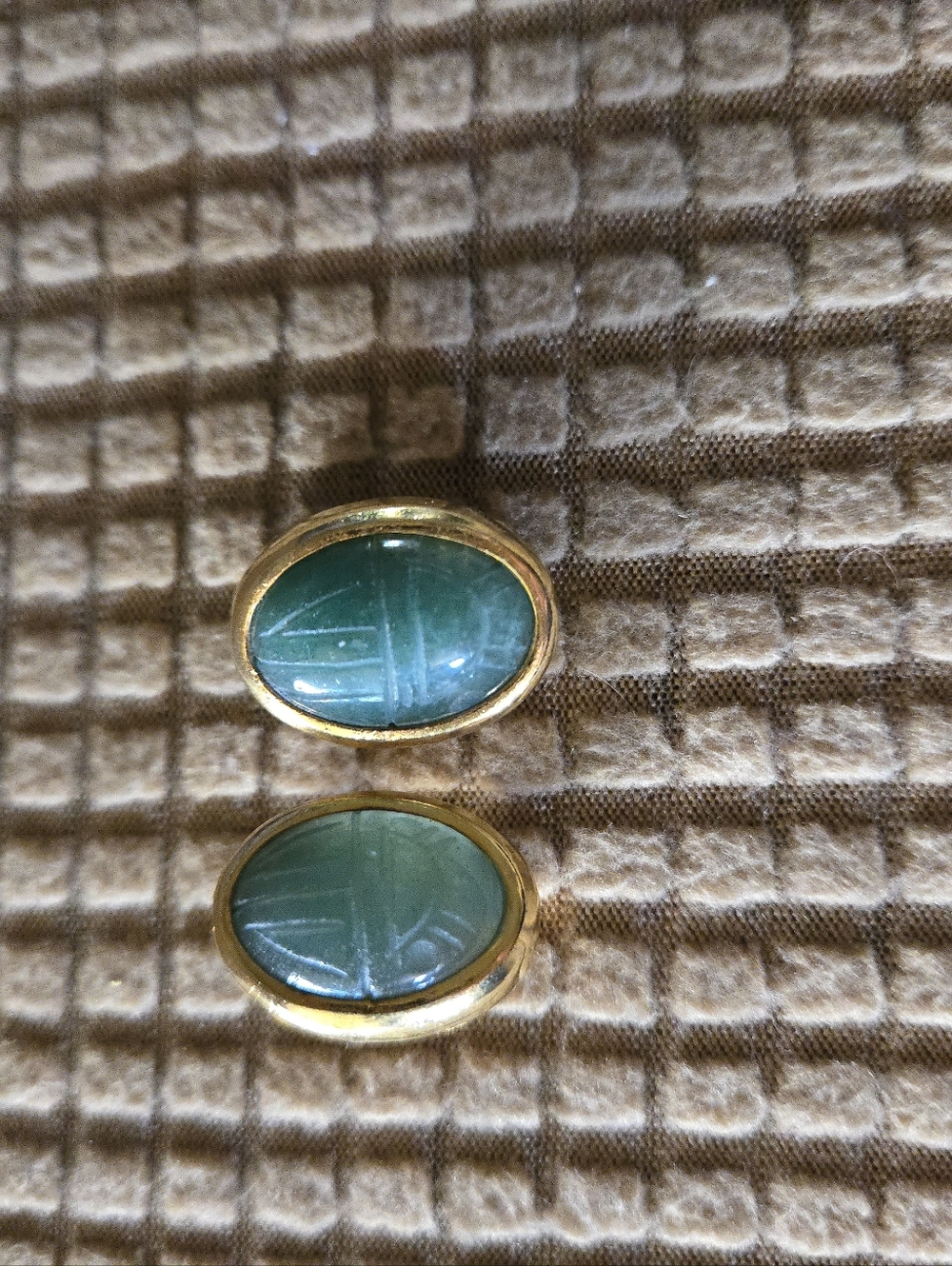 Vintage Scarab  Gold-Tone Oval Green Stone Clip  On Earrings  Unique Engravings